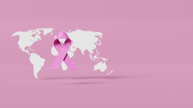 Pink ribbon on a pink background with the word breast cancer.