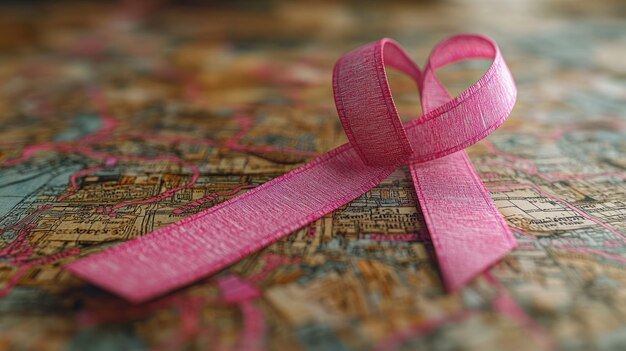 Photo a pink ribbon rests on a map symbolizing awareness and support