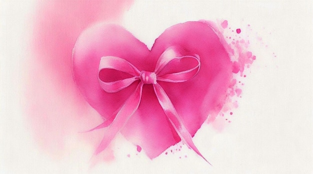 Pink ribbon shaped as love heart Hand drawn watercolor gradient painting on white