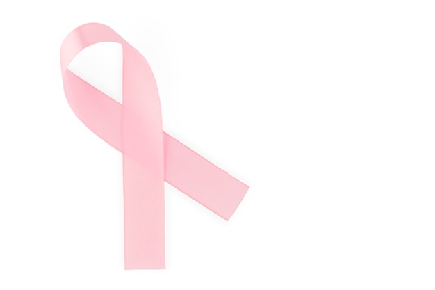 Pink ribbon symbol of social awareness isolated on white background top view World Cancer Day copy space High quality photo