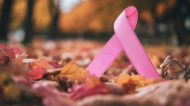 Photo pink ribbon symbolizing breast cancer awareness among autumn leaves in a park setting