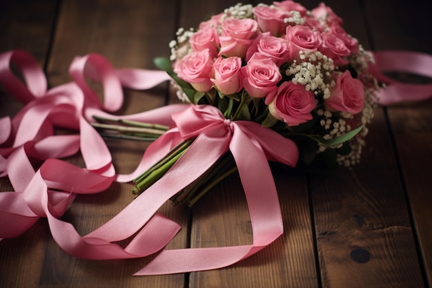 Pink ribbon tied with flower bouquet on wooden desk