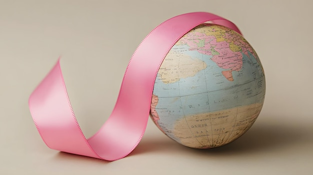 A pink ribbon wrapped around a globe symbolizing worldwide support and unity for breast cancer month