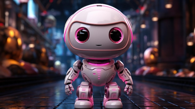 Pink robot's lively journey Neon lights big eye vibrant heart Created with Generative AI