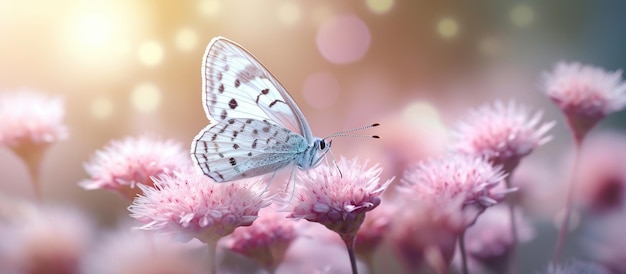 Pink romantic natural floral background with a white butterfly on flower AI generated image