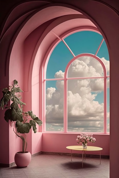 Pink room with arch window with sky into room flowers and clouds