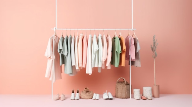 A pink room with clothes hanging on a rack and a bag of shoes.