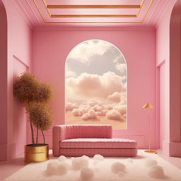 A pink room with a gold box on the top