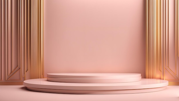 A pink room with a gold frame and a white pedestal