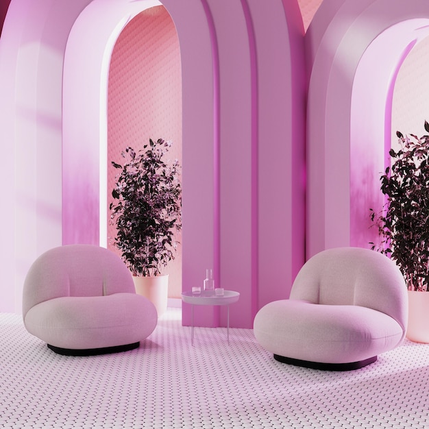 Pink room with neon lighh and arches with plant in pot design chairs with coffee table with glasses with water 3d rendering