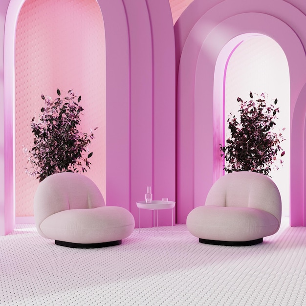 Pink room with neon lighh and arches with plant in pot design chairs with coffee table with glasses with water 3d rendering