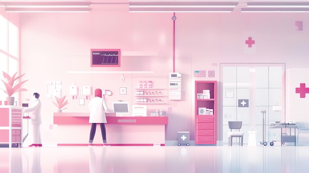 a pink room with a person standing in front of a computer