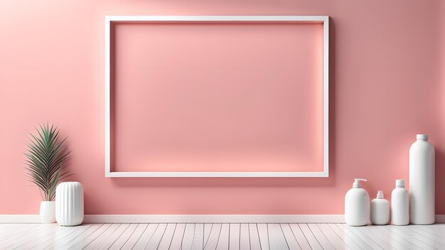 a pink room with a picture frame and vases