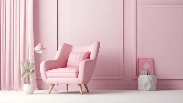 A pink room with a pink chair and a lamp.