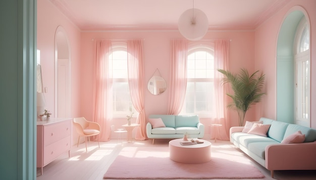 a pink room with a pink couch and a pink chair