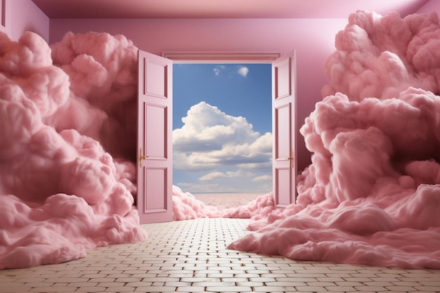 Photo a pink room with a pink door and a pink door that says  sky