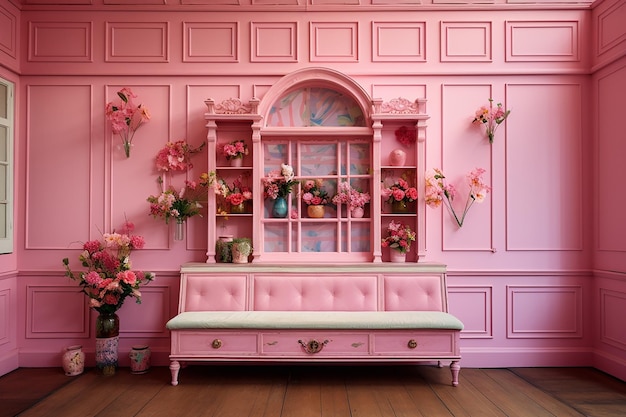 a pink room with a pink wall and a pink shelf with flowers on it.