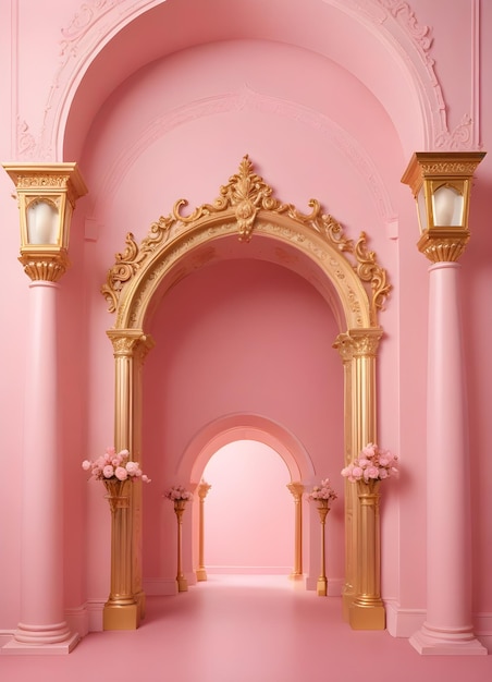 a pink room with pink walls and a pink archway with pink flowers