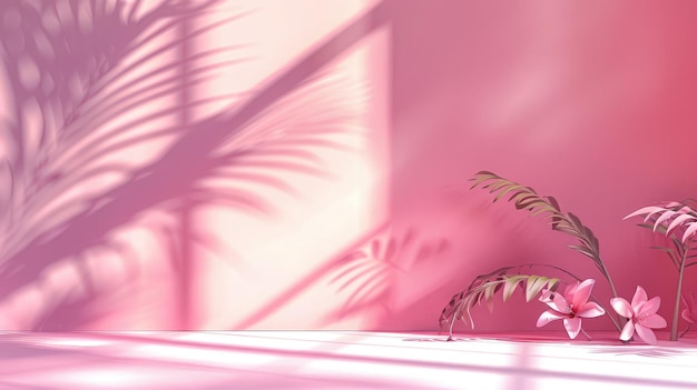 a pink room with a plant and a plant in it