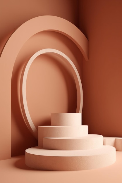 A pink room with a round podium and a circular arch.