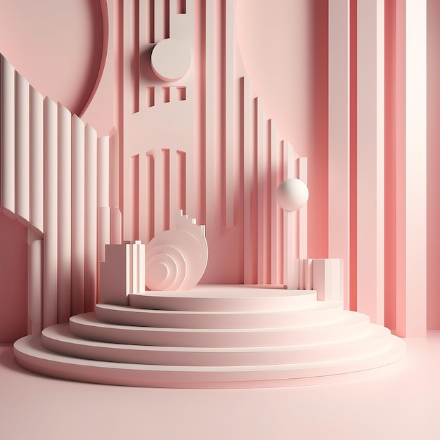 A pink room with a round podium and a round object on the left.