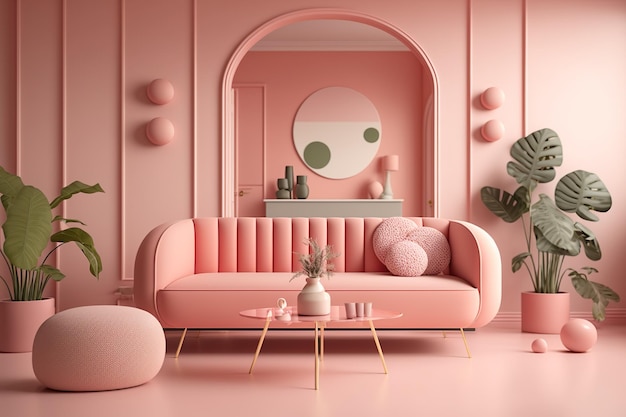 A pink room with a sofa and a mirror