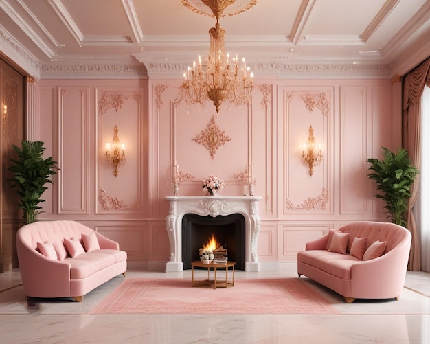 Photo a pink room with two pink couches and a fireplace