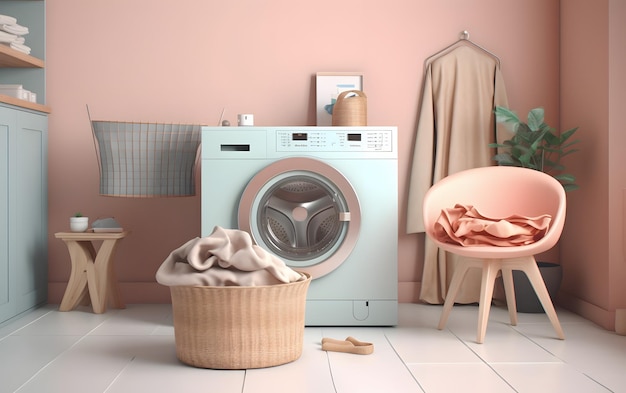 A pink room with a washing machine and a washer and a table with a towel.