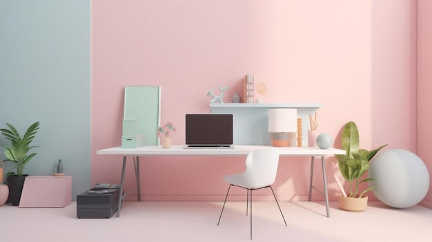 A pink room with a white desk and a white chair.