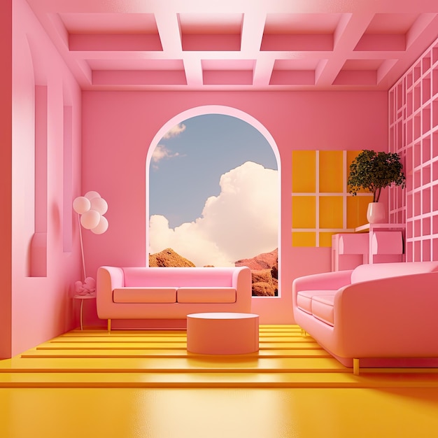 A pink room with a yellow box on the top