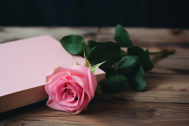 Pink rose on the blank diary over the wooden background