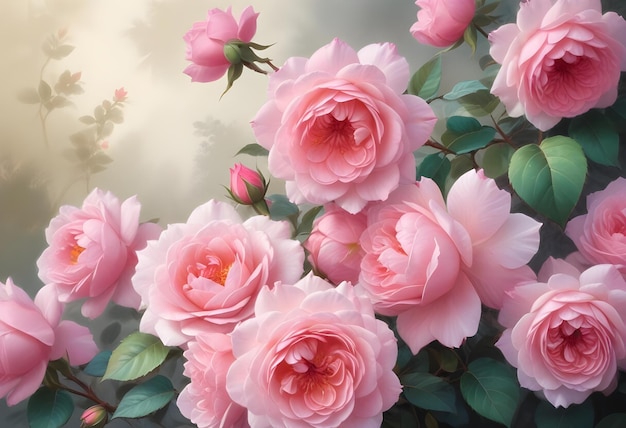 a pink rose bush with green leaves and pink flowers