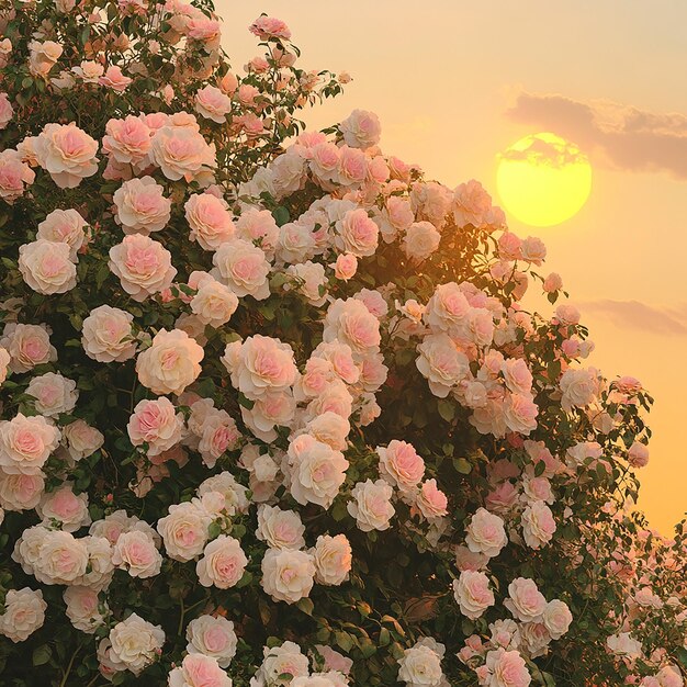 a pink rose bush with the sun behind it