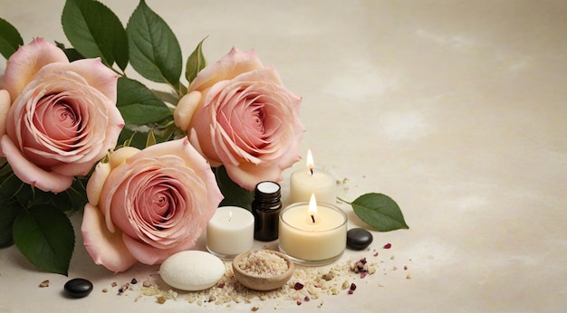 Photo a pink rose and a candle are on a table with a candle and flowers