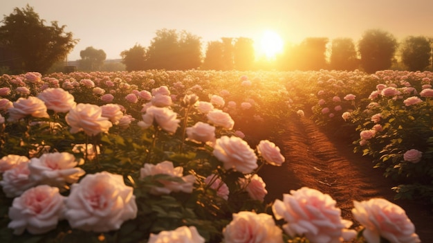 Pink rose field in sunset light in the style of sun rays shining upon a field of roses Generative AI