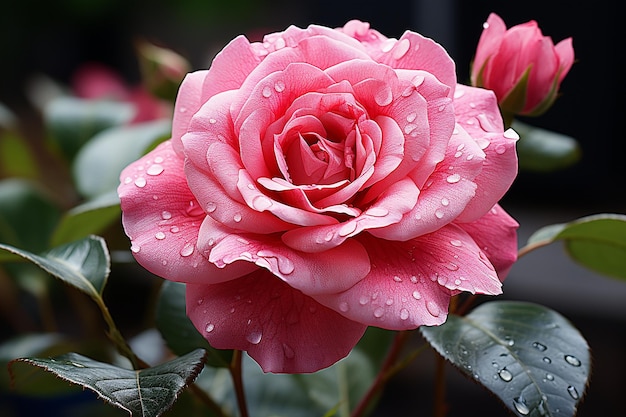 Pink rose flower against a blurred background of dark green leaves