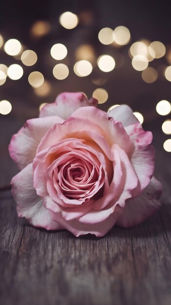 Photo pink rose flower over bokeh lights background