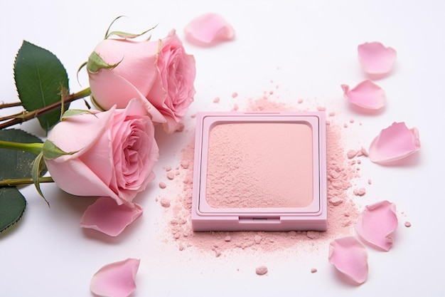 Pink rose flowers and compact powder on the corner of white backdrop