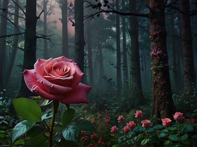 A pink rose in a forest with the sun behind it