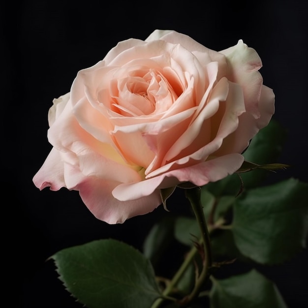 A pink rose is in front of a black background.