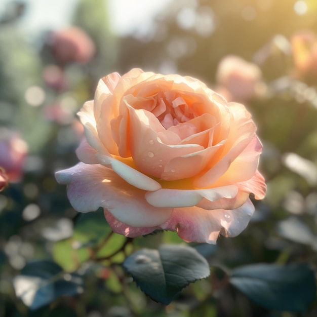 A pink rose is in the sunlight with the sun shining on it.