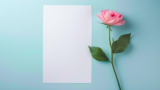 A pink rose lies next to a blank white sheet of paper on a pastel blue background