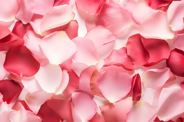 Pink rose petals are featured on a white background Generative AI