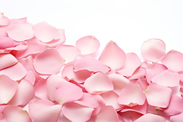 Pink Rose Petals and Greenery on White