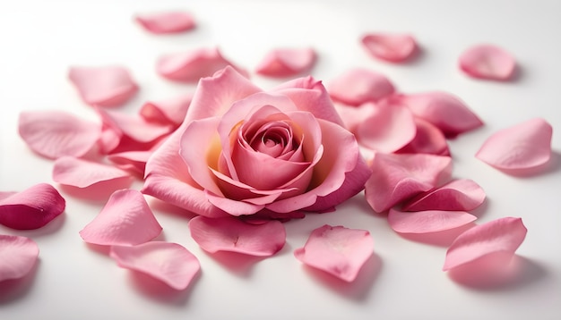 Pink rose petals scattered on a white background