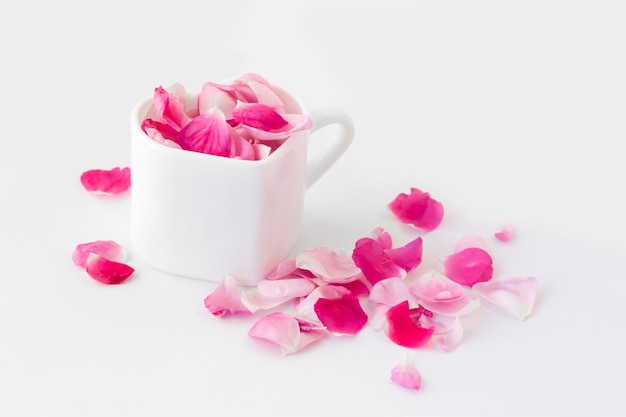 Pink rose petals in a white cupIngredients for natural cosmetics oils and jamsBeautiful floral card