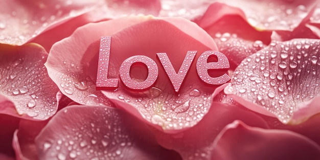 Photo pink rose petals with love spelled in water droplets symbol of romance and affection ai generated illustration