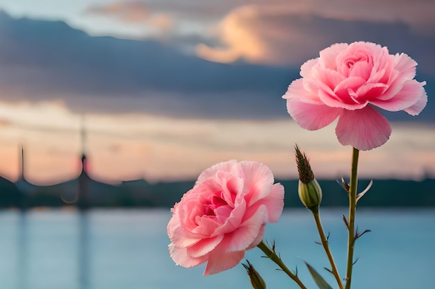 A pink rose sits in front of a lake with the city skyline in the background.