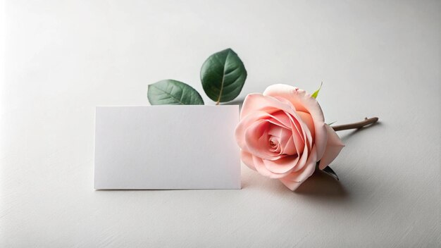 a pink rose sits in a white box with a white card in the corner