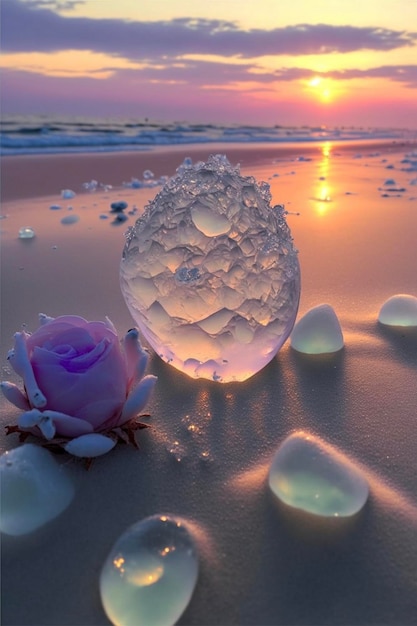 Pink rose sitting on top of a sandy beach